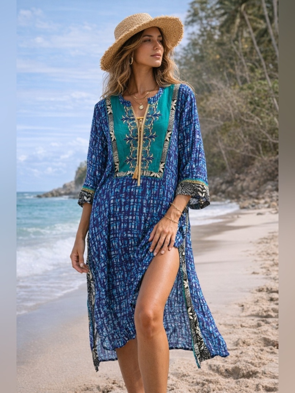 Vintage Inspired Blue Boho Embroidered Tunic Dress Kaftan Beach Cover Up